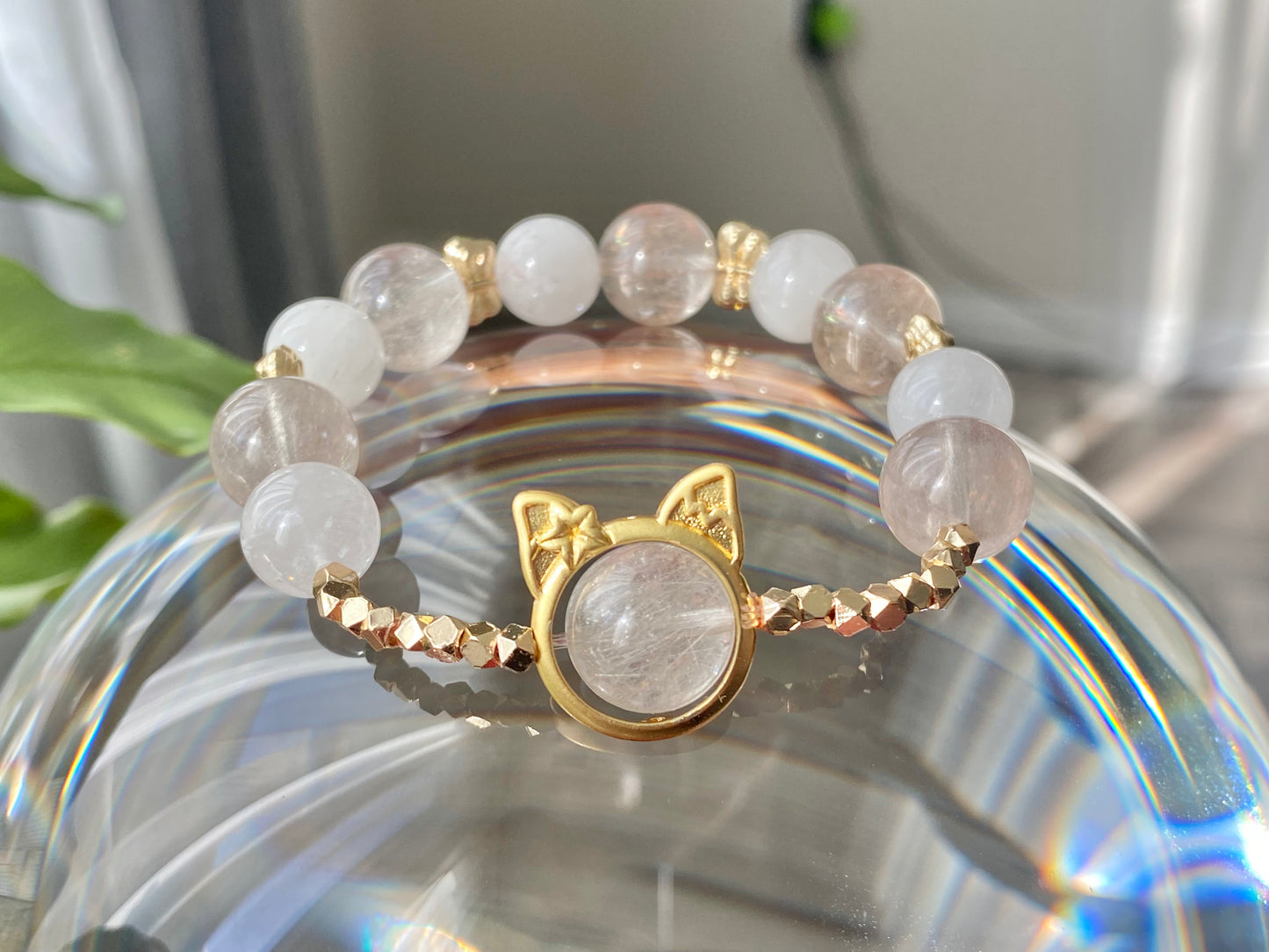 Rare High Grade Natural White Pink Rabbit hair Rutilated Quartz Crystal Designing Bead Bracelet, gift for her, gift idea