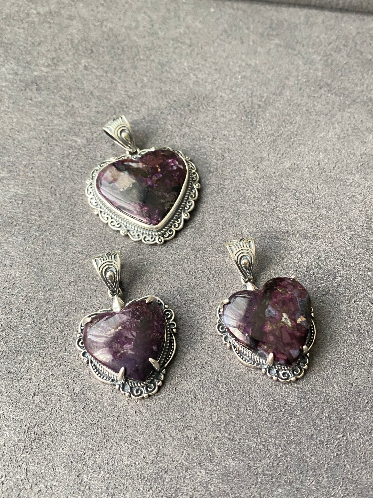 Natural High Rare Grade Purple Pink Sugilite Heart Shape  Mid-century Sterling Silver Pendant