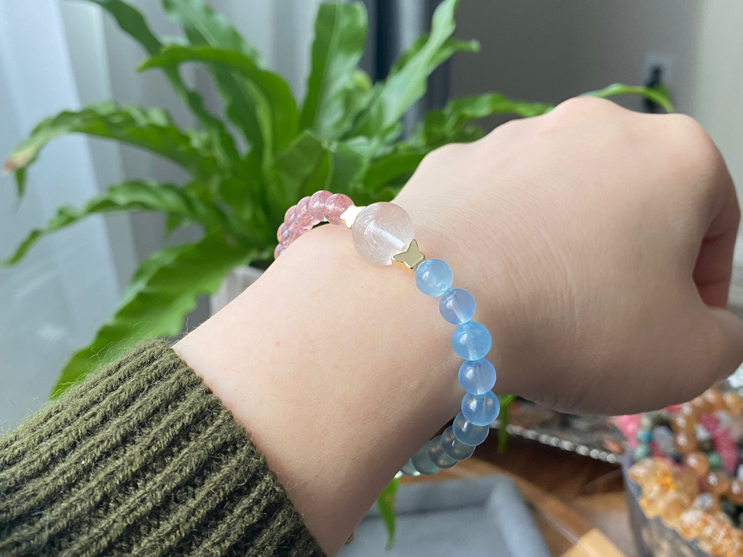 Natural High Grade Strawberry Quartz, Aquamarine,Rabbit hair Rutilated Quartz color block Two tone Butterfly Bracelet 6-7MM