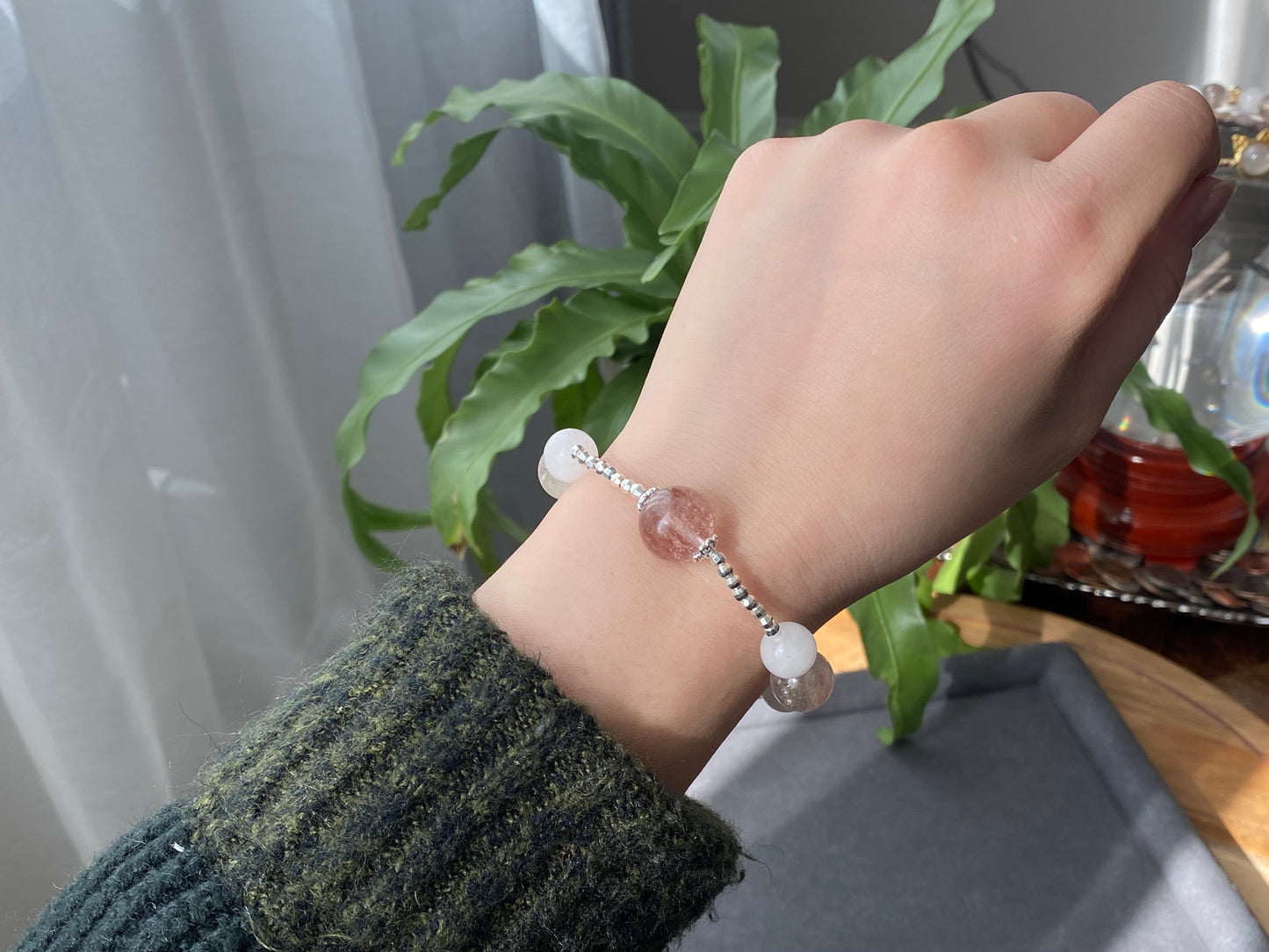 Rare High Grade Natural White Pink Rabbit hair Rutilated Quartz Crystal Designing Bead Bracelet, gift for her, gift idea