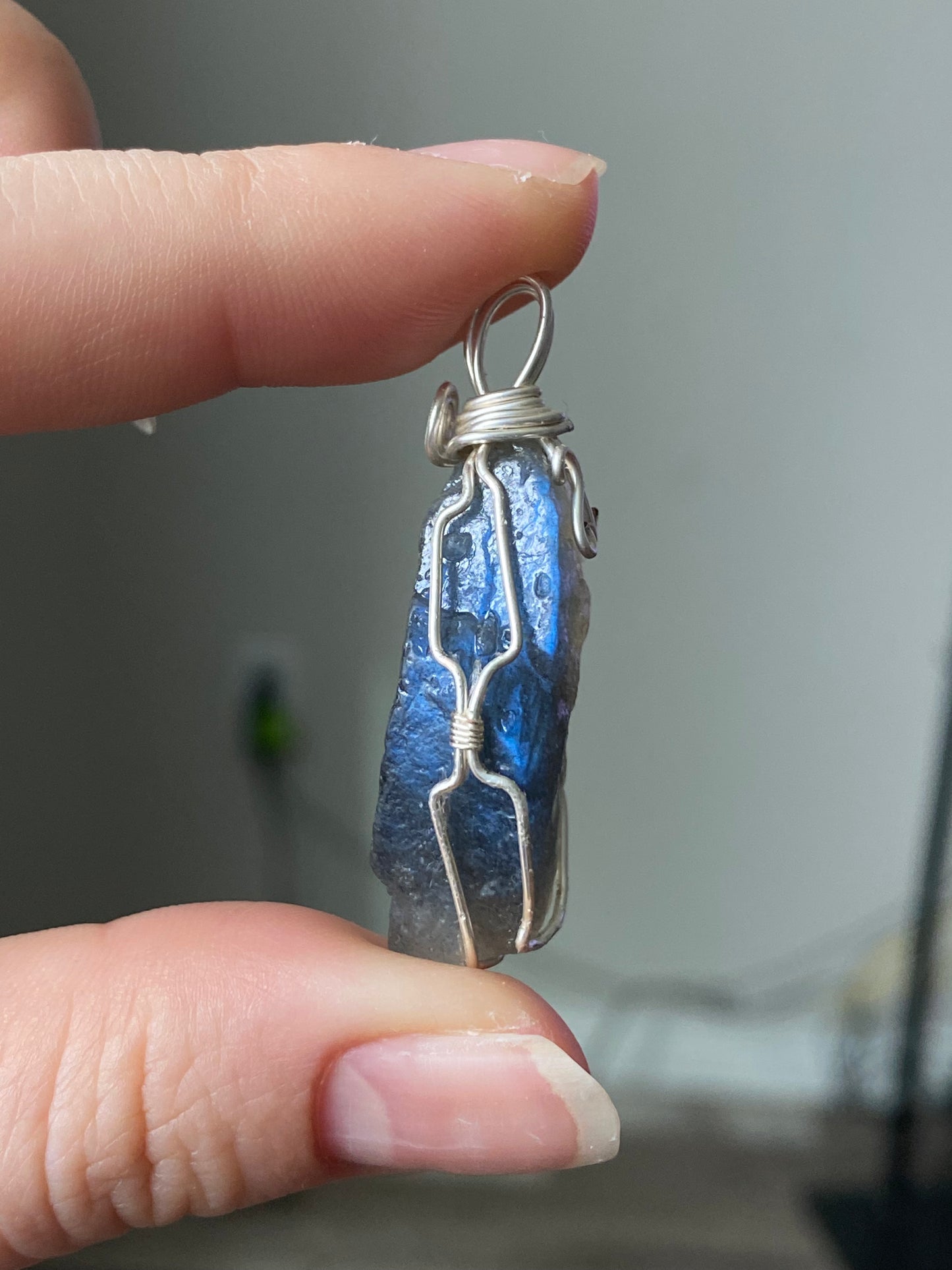High grade Blue Fire Labradorite raw rock 14K white gold Wire Pendant, handmade pendat, gift for her, gift for him