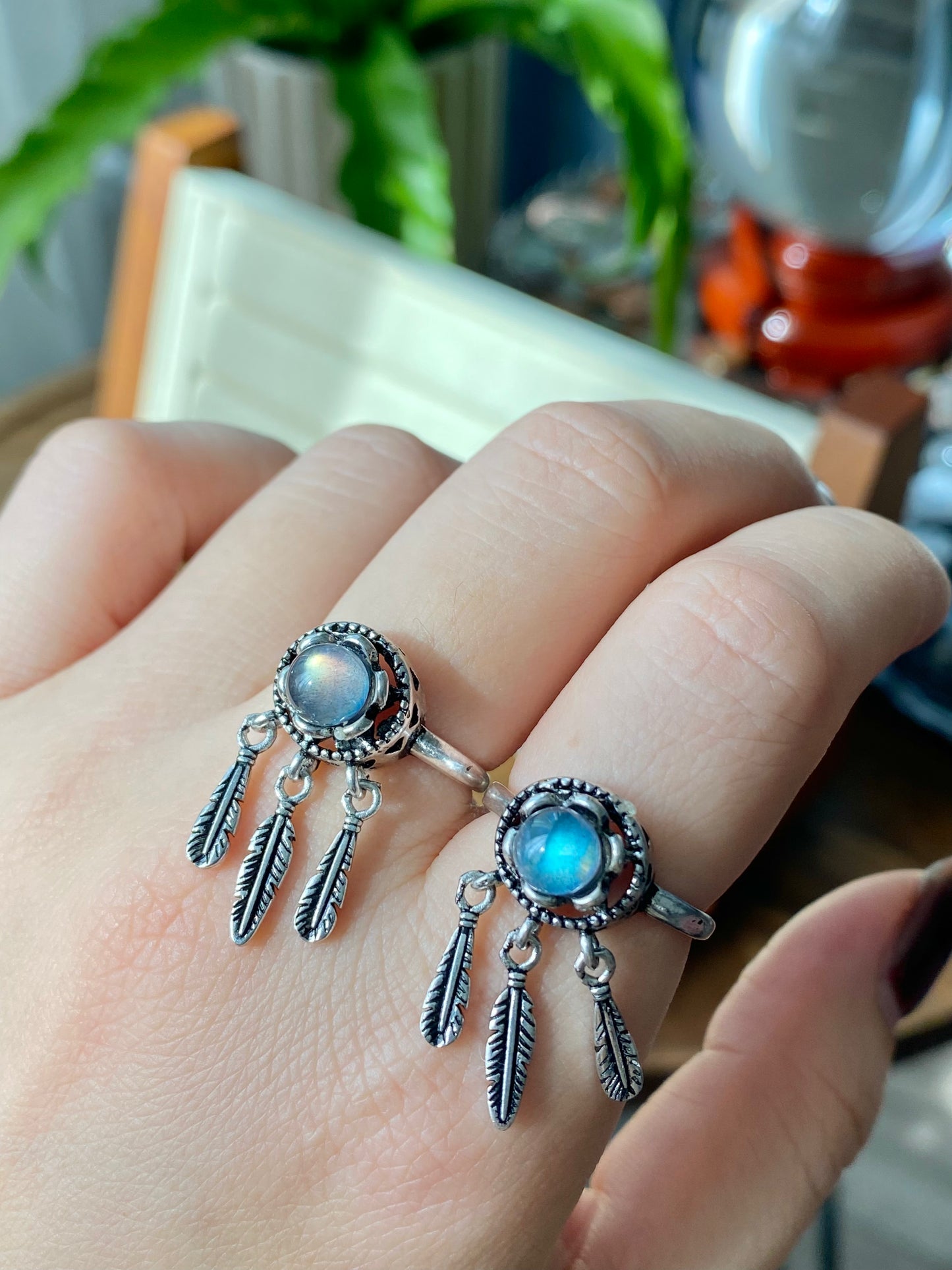 Vintage style Natural moonstone Blue Labradorite  Dreamcatcher Necklace and Ring set