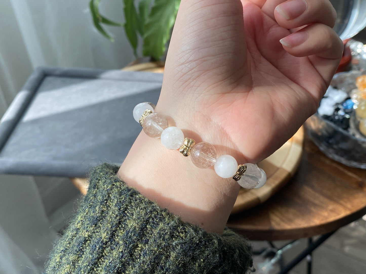 Rare High Grade Natural White Pink Rabbit hair Rutilated Quartz Crystal Designing Bead Bracelet, gift for her, gift idea