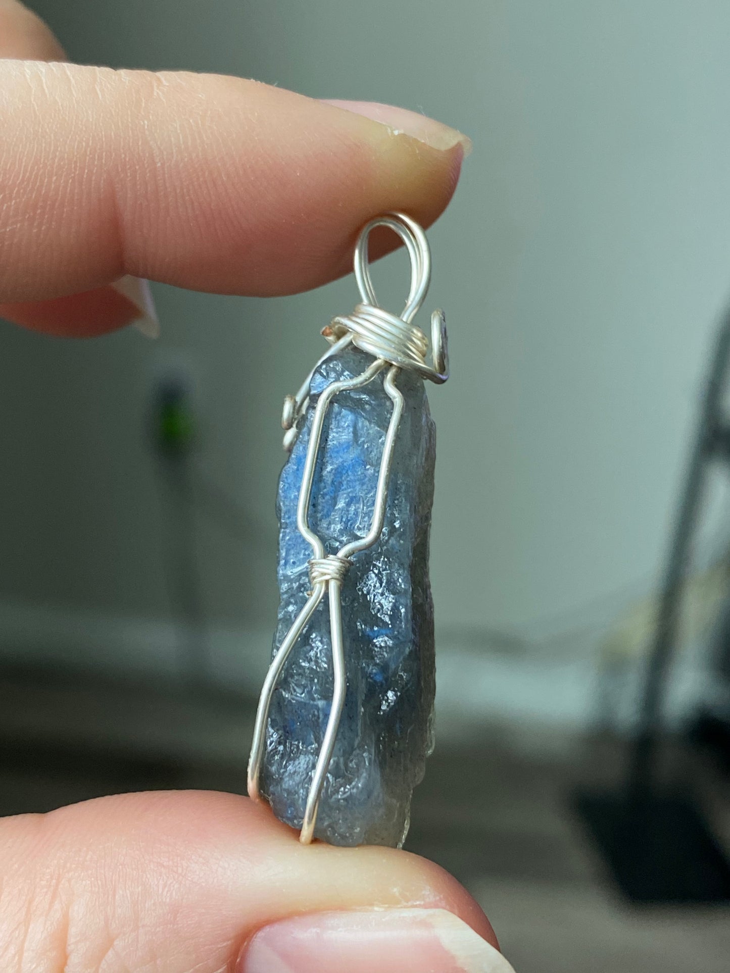 High grade Blue Fire Labradorite raw rock 14K white gold Wire Pendant, handmade pendat, gift for her, gift for him