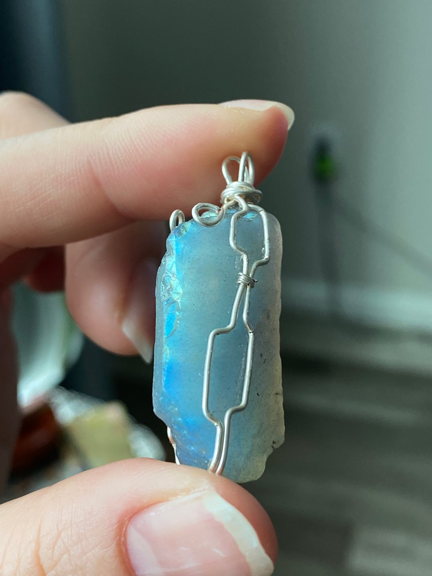 High grade Blue Fire Labradorite raw rock 14K white gold Wire Pendant, handmade pendat, gift for her, gift for him