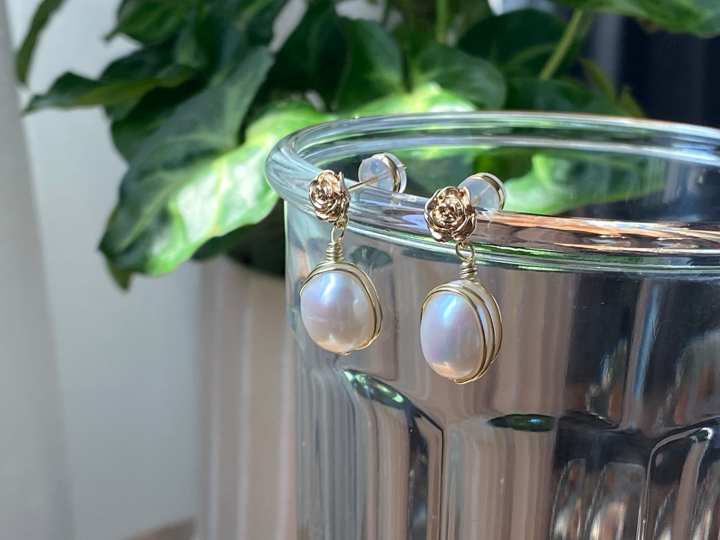 14k gold rose pearl drop earring