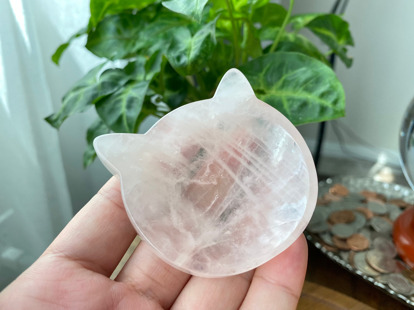 Natural Rose Quartz cuty kitty cat head mini plate