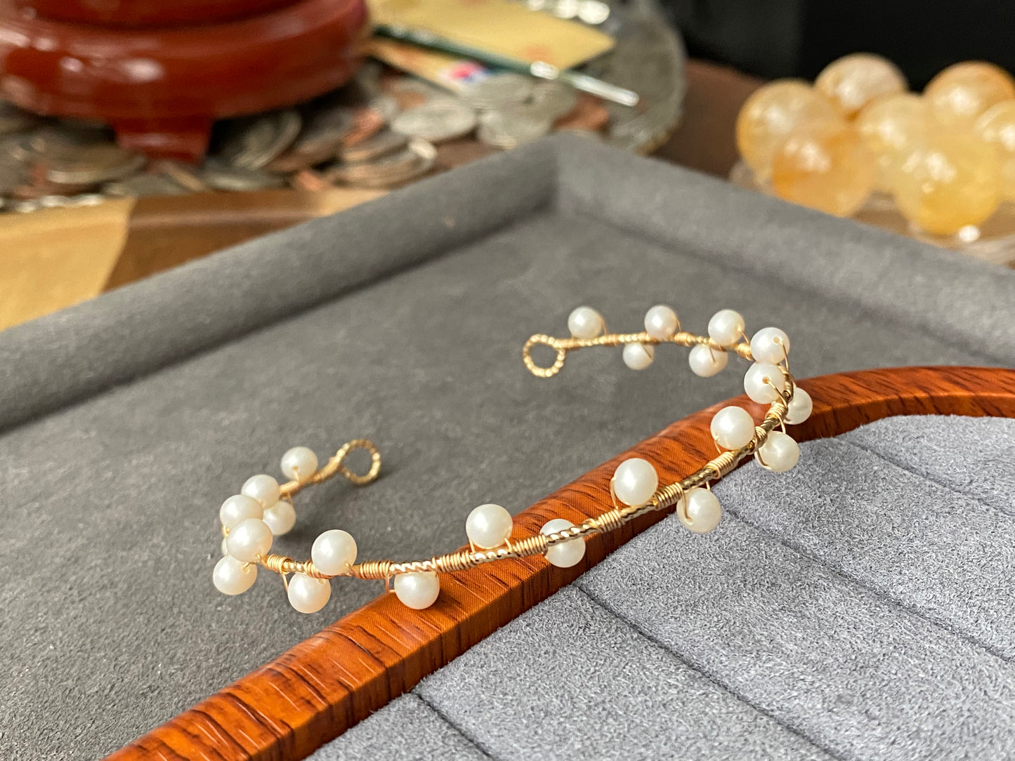 Natural Freshwater pearls 14K gold filled wire bangle bracelet,handmade bracelet, gift for her,  custom bracaelet