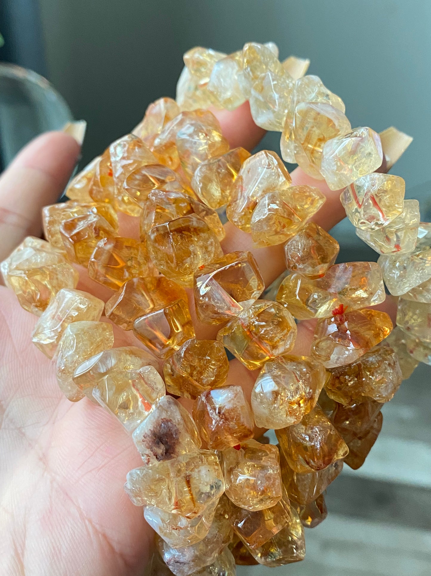 Succes and wealth Natural pyramid Citrine irregular Rock Cystal Dark Yellow Gold Bracelet grow with blue needle,handmade bracelet