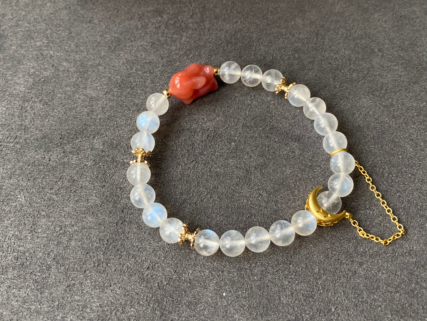 Natural Sri Lanka Moonstone with yanyuan Agate rabbit, bunny Moon chain Bead Bracelet,gift for her,gift idea