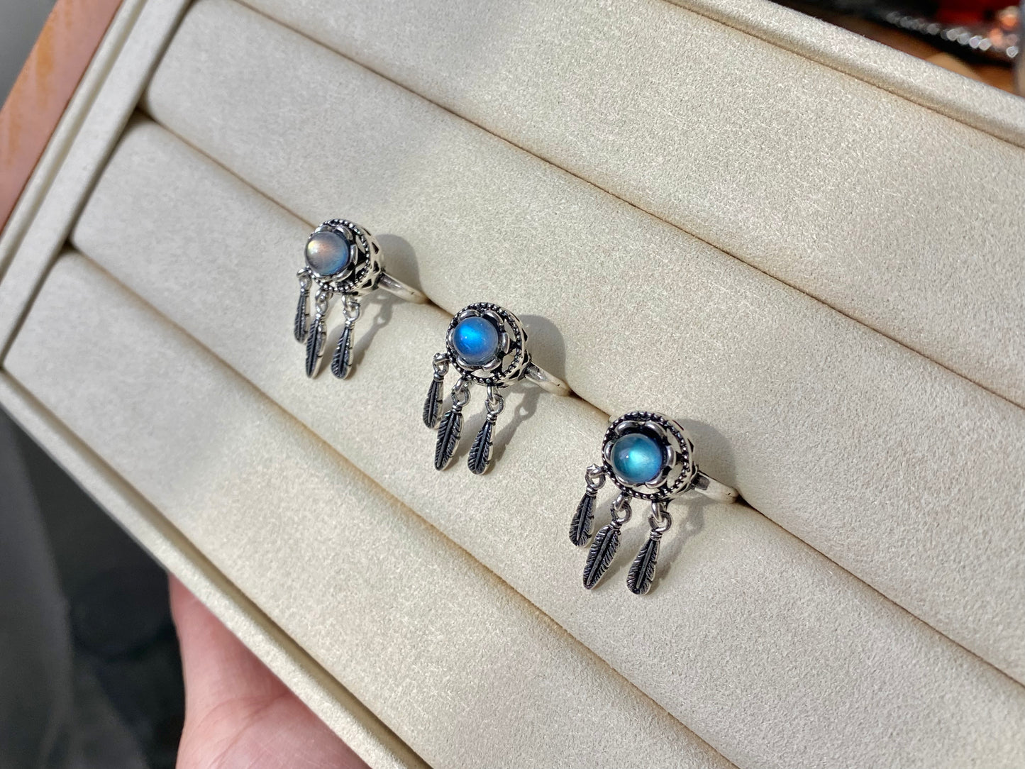 Vintage style Natural moonstone Blue Labradorite  Dreamcatcher Necklace and Ring set
