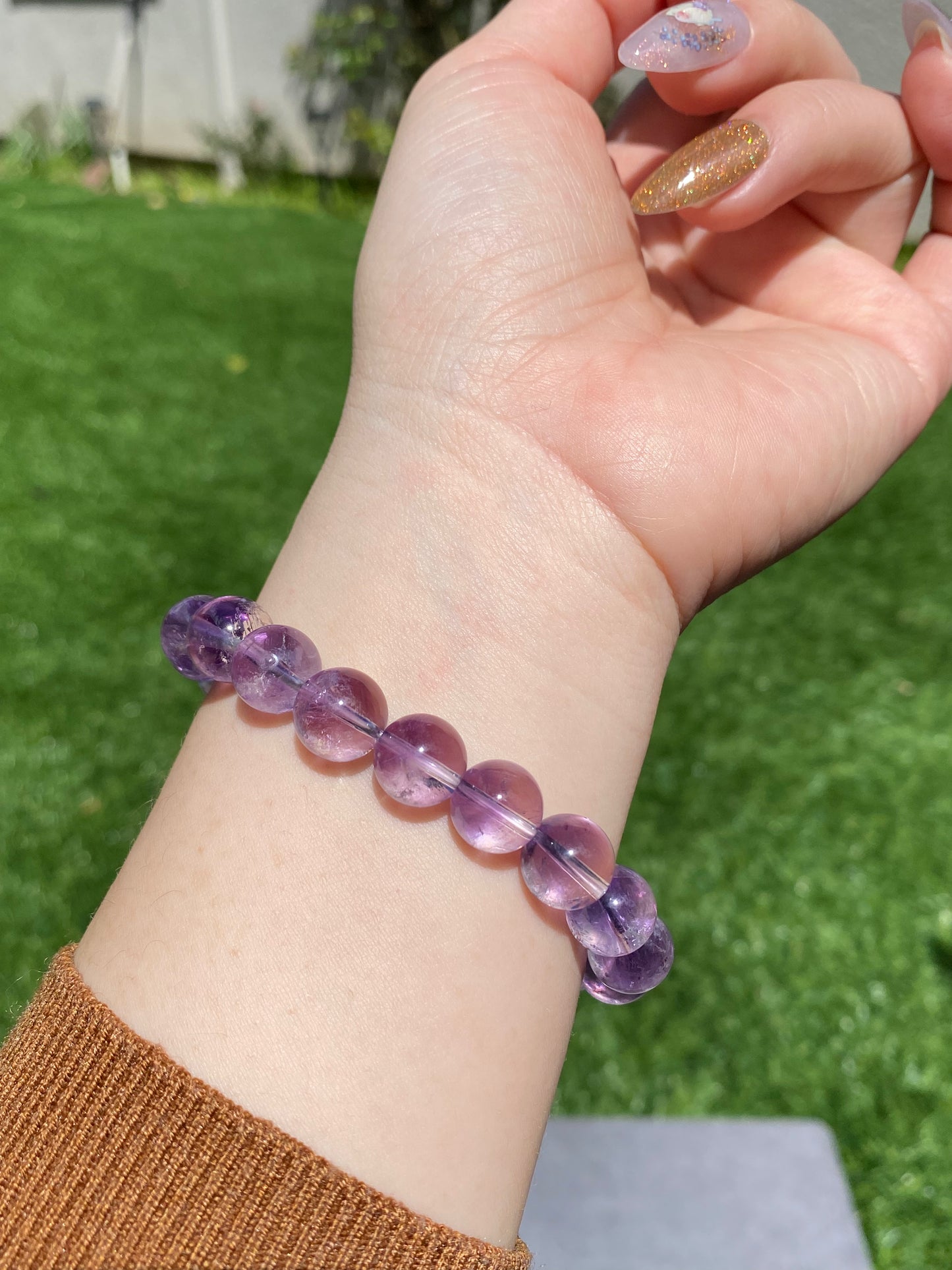 Big beads Top Grade Clear Natural Deep Purple Quartz Rutilated Pyramid Inside half-pot purple rutilated Round rabbit hair Bracelet,gift for her, gift for him
