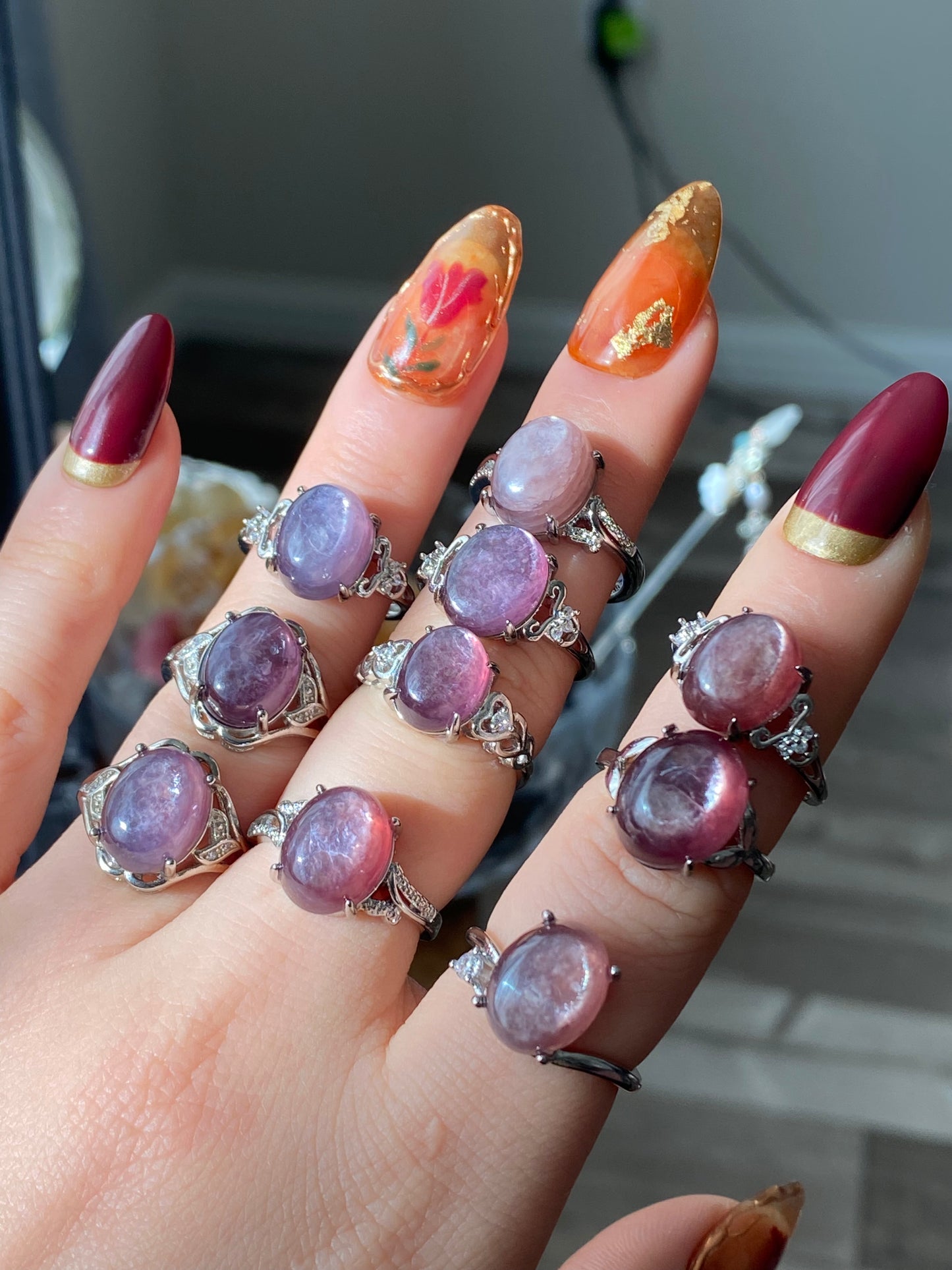 Natural Purple Lepidolite Vintage style Oval shape Adjustable Ring