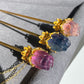 Natural FLuorite Hand craved Rose flower bud Shape Hairpin with Dangle Drop,Fluorite Crystal