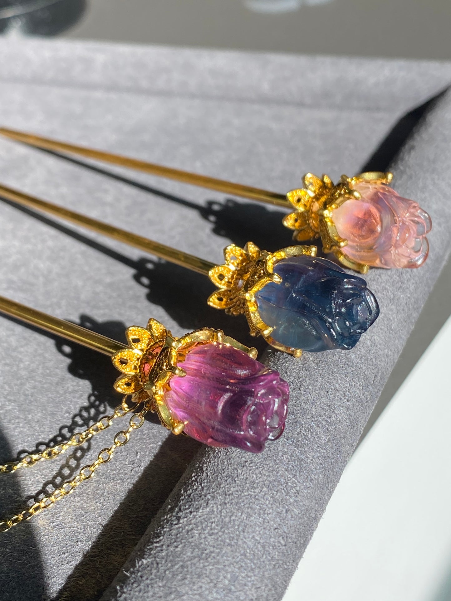 Natural FLuorite Hand craved Rose flower bud Shape Hairpin with Dangle Drop,Fluorite Crystal