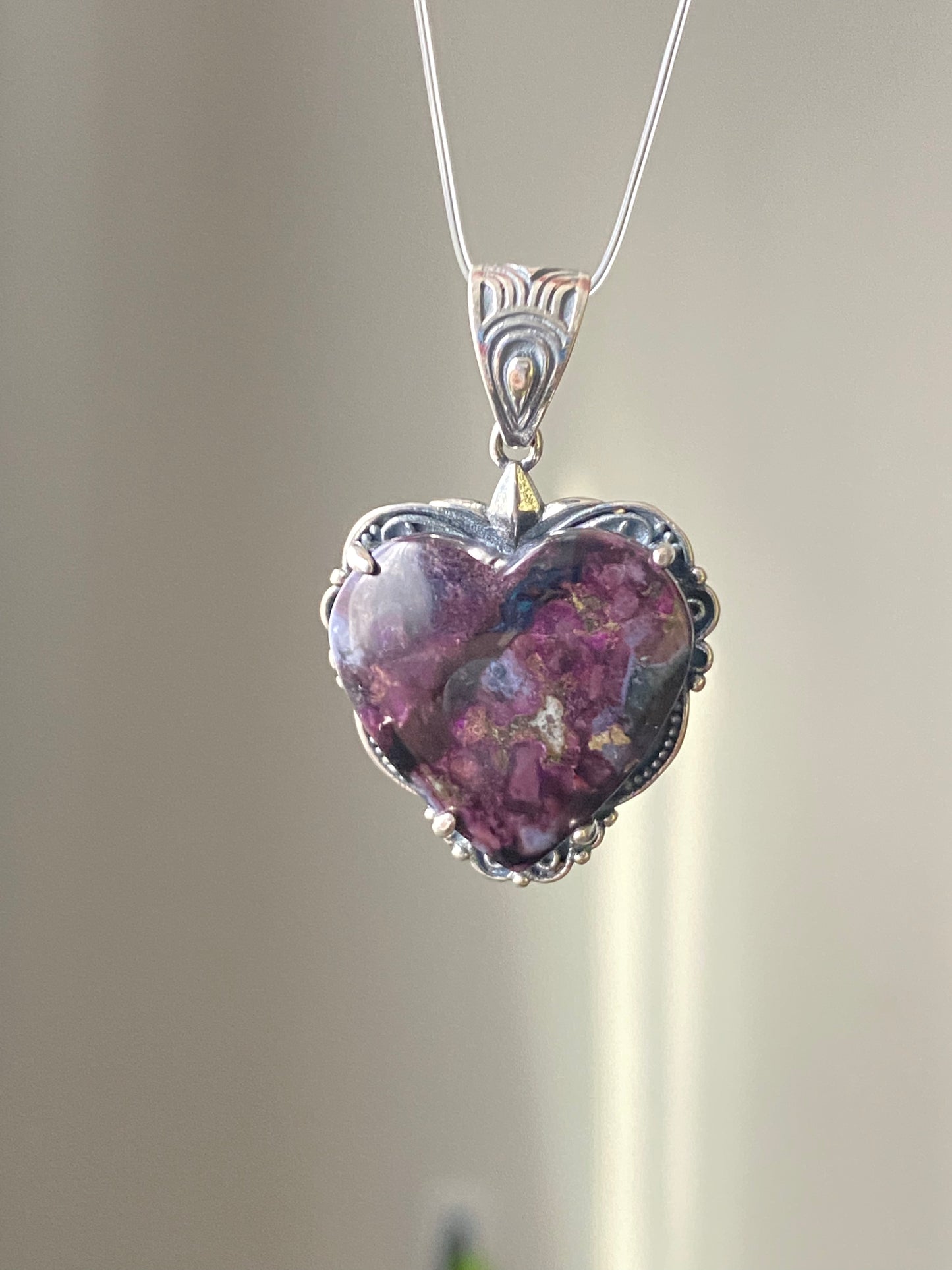 Natural High Rare Grade Purple Pink Sugilite Heart Shape  Mid-century Sterling Silver Pendant