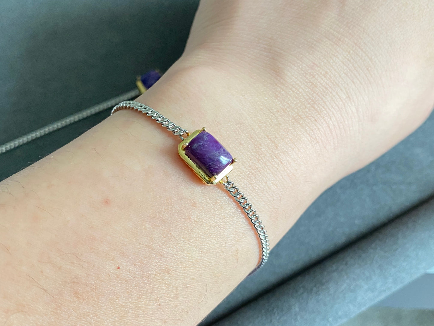Natural Grade Dark Purple Raw Sugilite Sterling Sivler lobster closure Bracelet