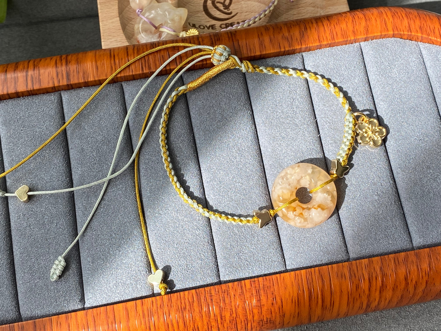 Natural Sakura Agate,cherry blossom agate hand carved hello kitty,star Donut ring braided rope Bracelet，Handmade Bracelet