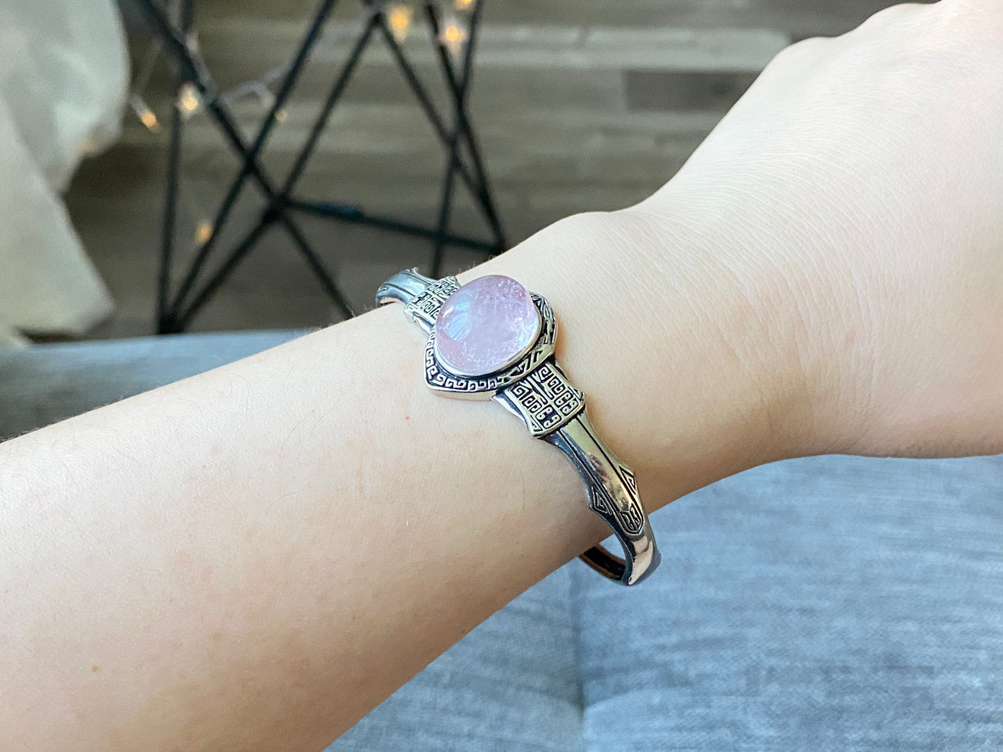 love of the bangle, rose quartz,Aquamarine vintage Sterling silver bangle bracelet