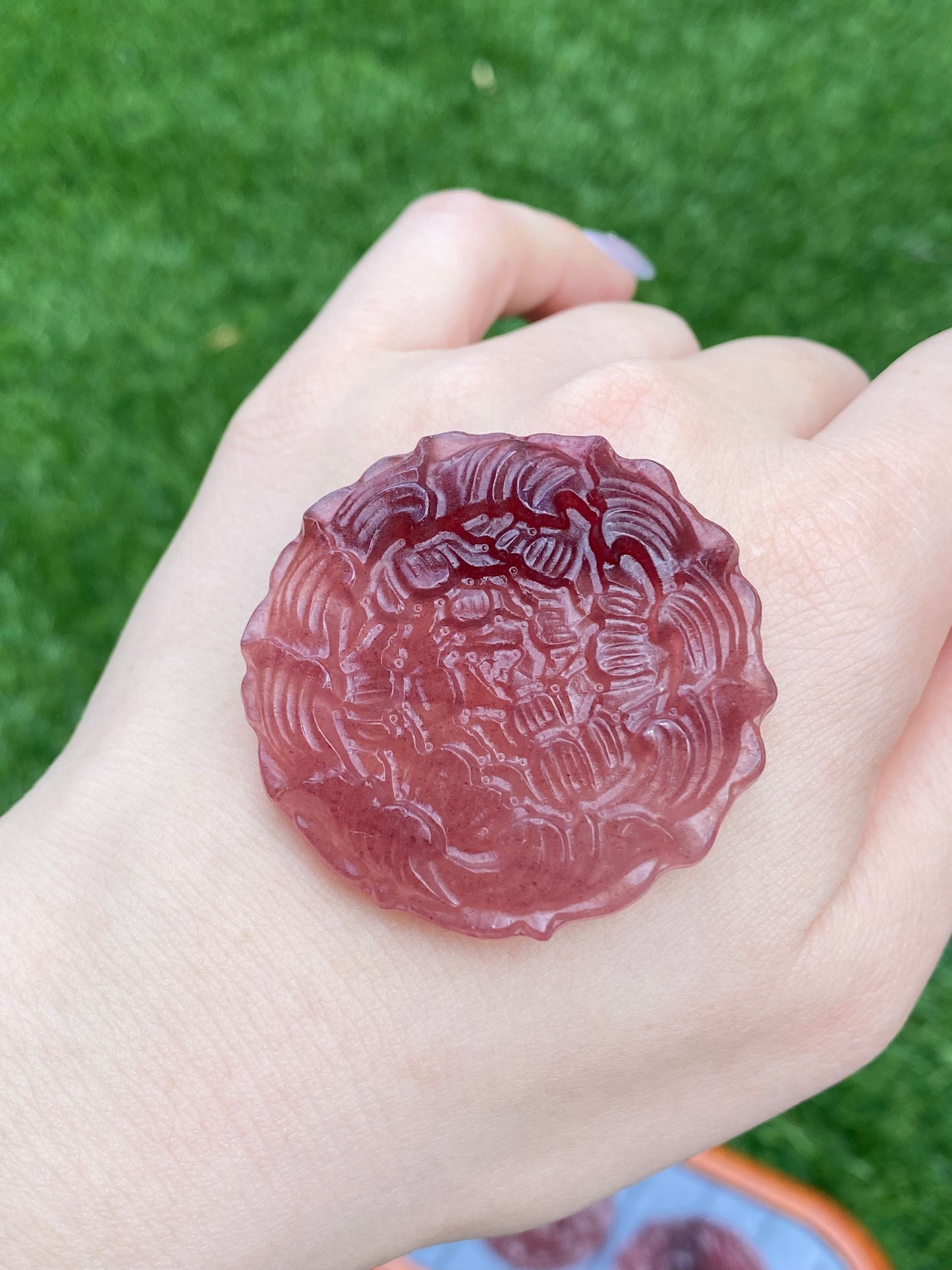 Natural Strawberry Quartz Hand Carved Hibiscus Peony Flower Pendant,gift for her,gift for mother