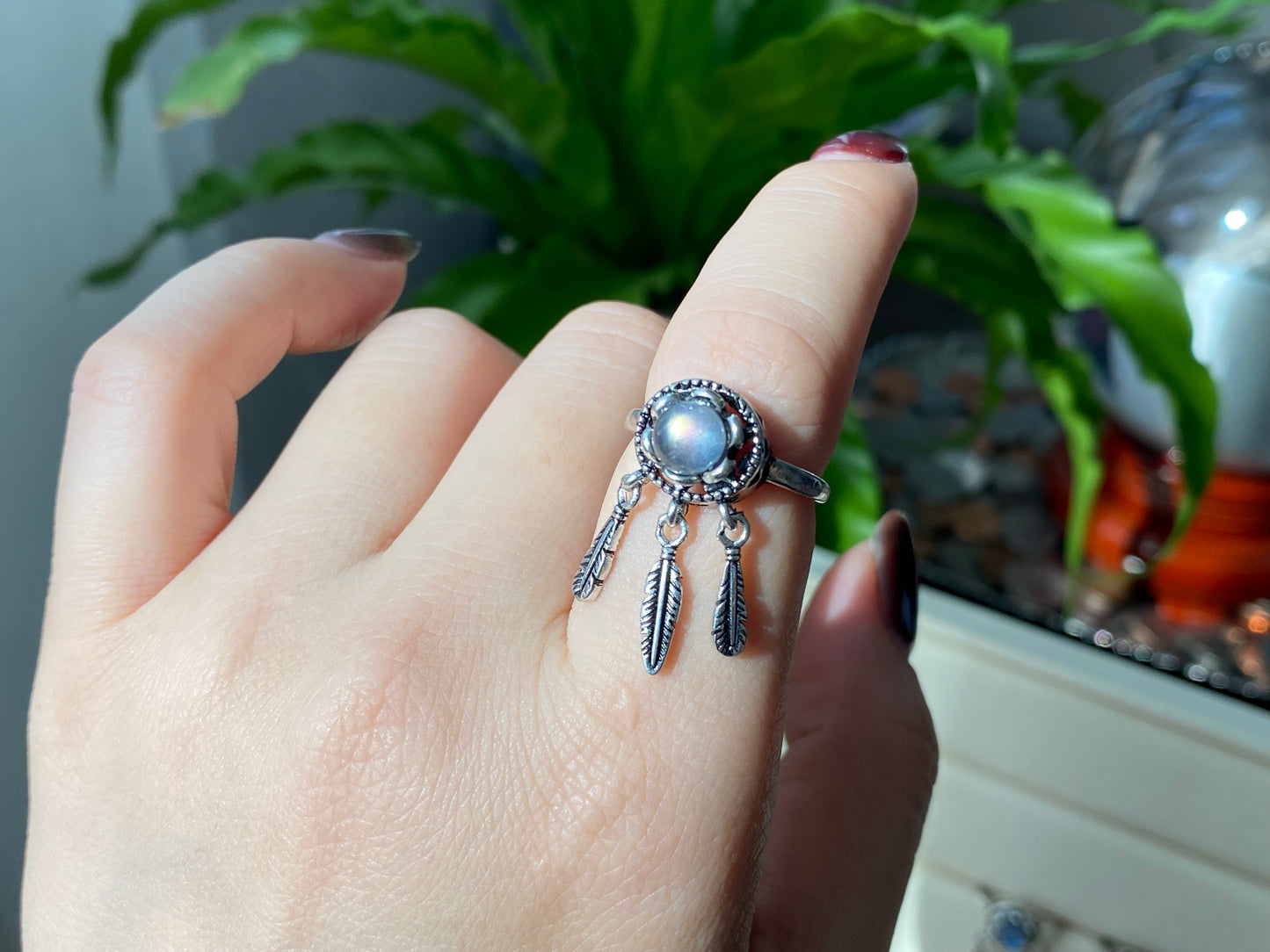 Vintage style Natural moonstone Blue Labradorite  Dreamcatcher Necklace and Ring set