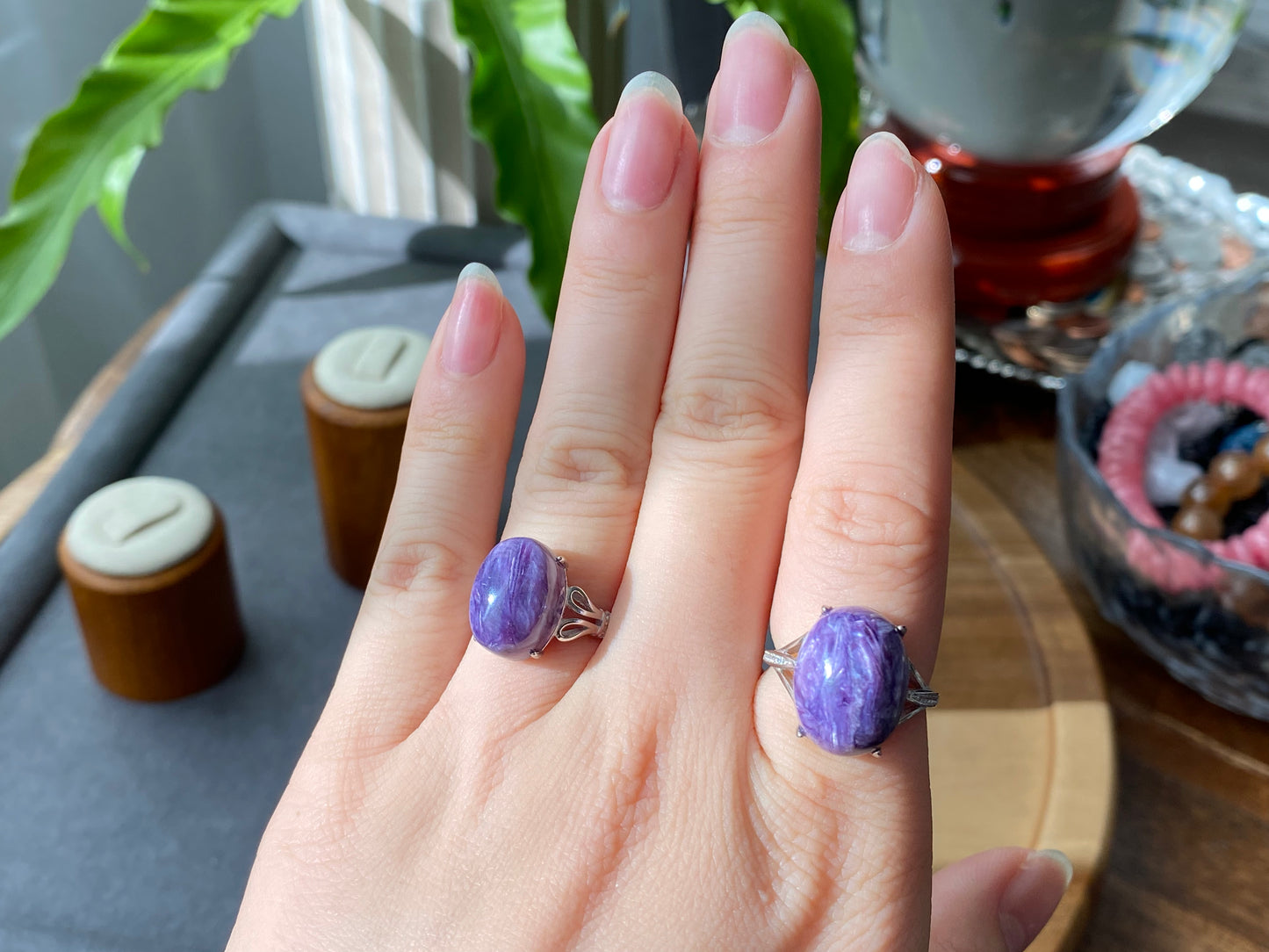AAAAA Genuine Natural High Grade Silk Shin Purple Charoite,Cat Eyes Oval Shape sterling silver Adjustable Ring