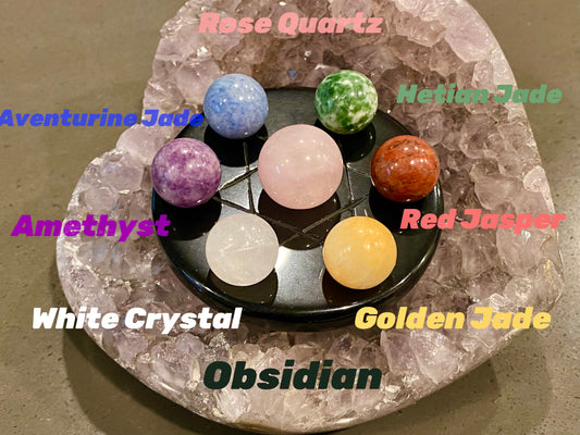 Natural Gemstone 7 Chakra Stones Healing Set with Obsidian Star of David Plate meditation Ornament Decoration