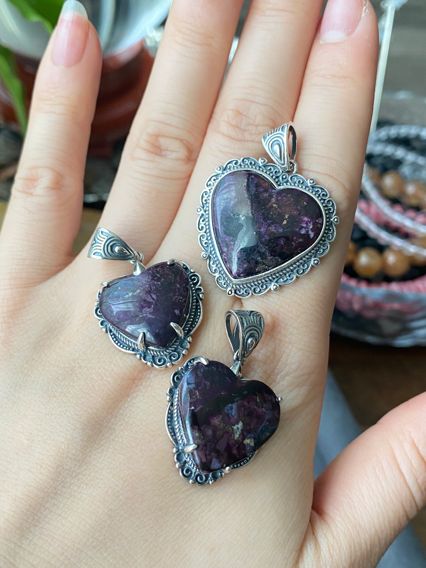 Natural High Rare Grade Purple Pink Sugilite Heart Shape  Mid-century Sterling Silver Pendant