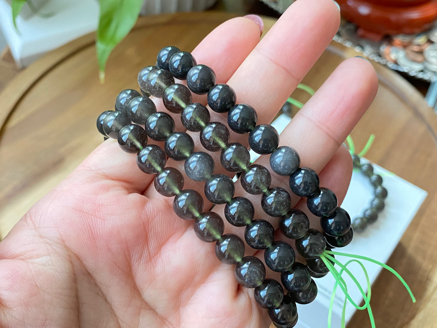 Natural Cintamani Saffordite Tektite Bracelet, wishing stone, Saffordite Tektites, Arizona Tektitest polished round bead bracelet