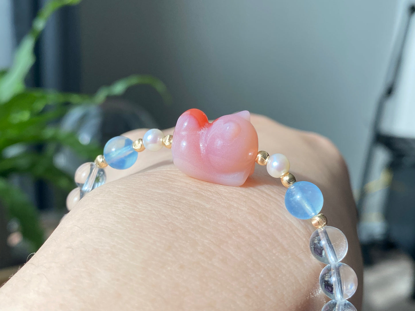 Natural Yanyuan Agate Cute Cat,white Crystal,Aquamarine,fresh Water Pearl Bracelet, gift for her, Valentine's Day Gift