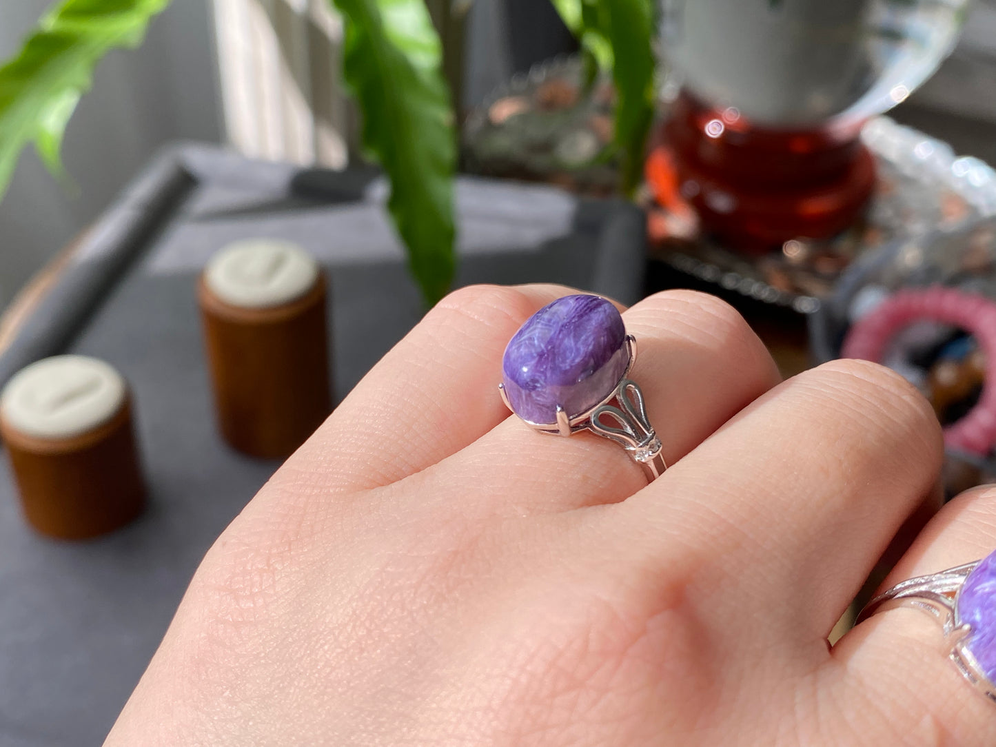 AAAAA Genuine Natural High Grade Silk Shin Purple Charoite,Cat Eyes Oval Shape sterling silver Adjustable Ring