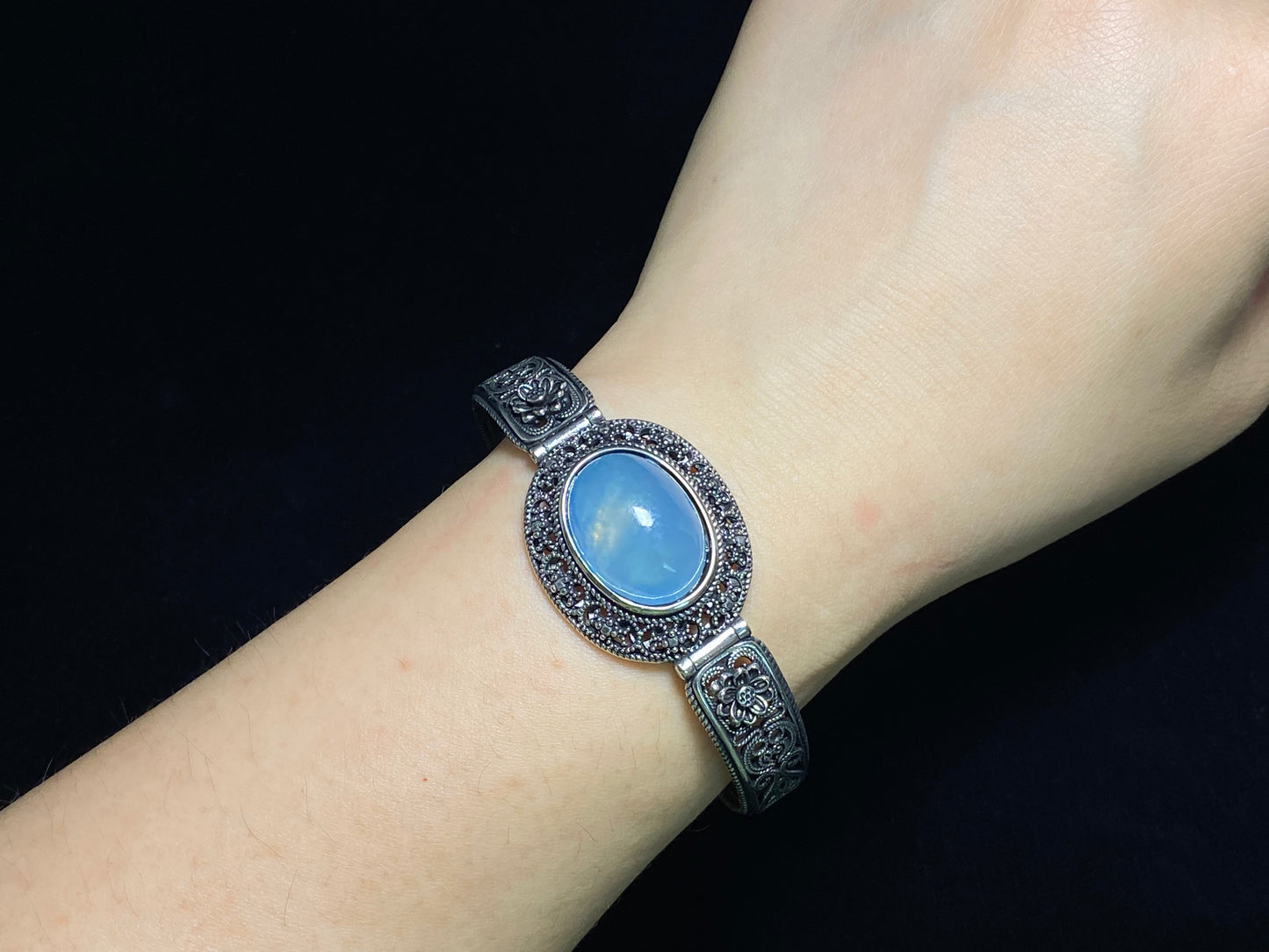 love of the bangle, rose quartz,Aquamarine vintage Sterling silver bangle bracelet
