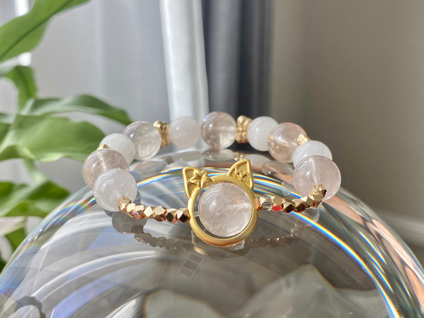 Rare High Grade Natural White Pink Rabbit hair Rutilated Quartz Crystal Designing Bead Bracelet, gift for her, gift idea