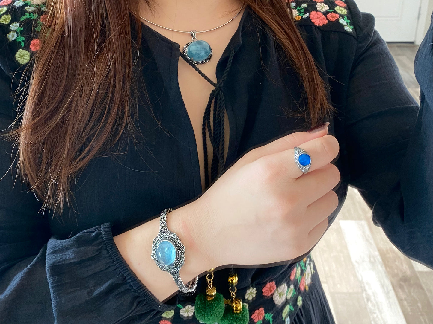 Nature Big Aquamarine Oval shape vintage setting pendant collar Boho Charm Necklace,March Birthstone