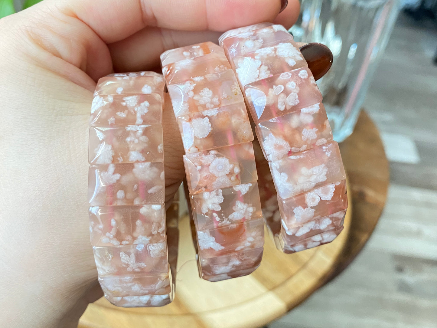 TOP Grade Nature Sakura Agate cherry blossom flower Rectangle bangle bracelet