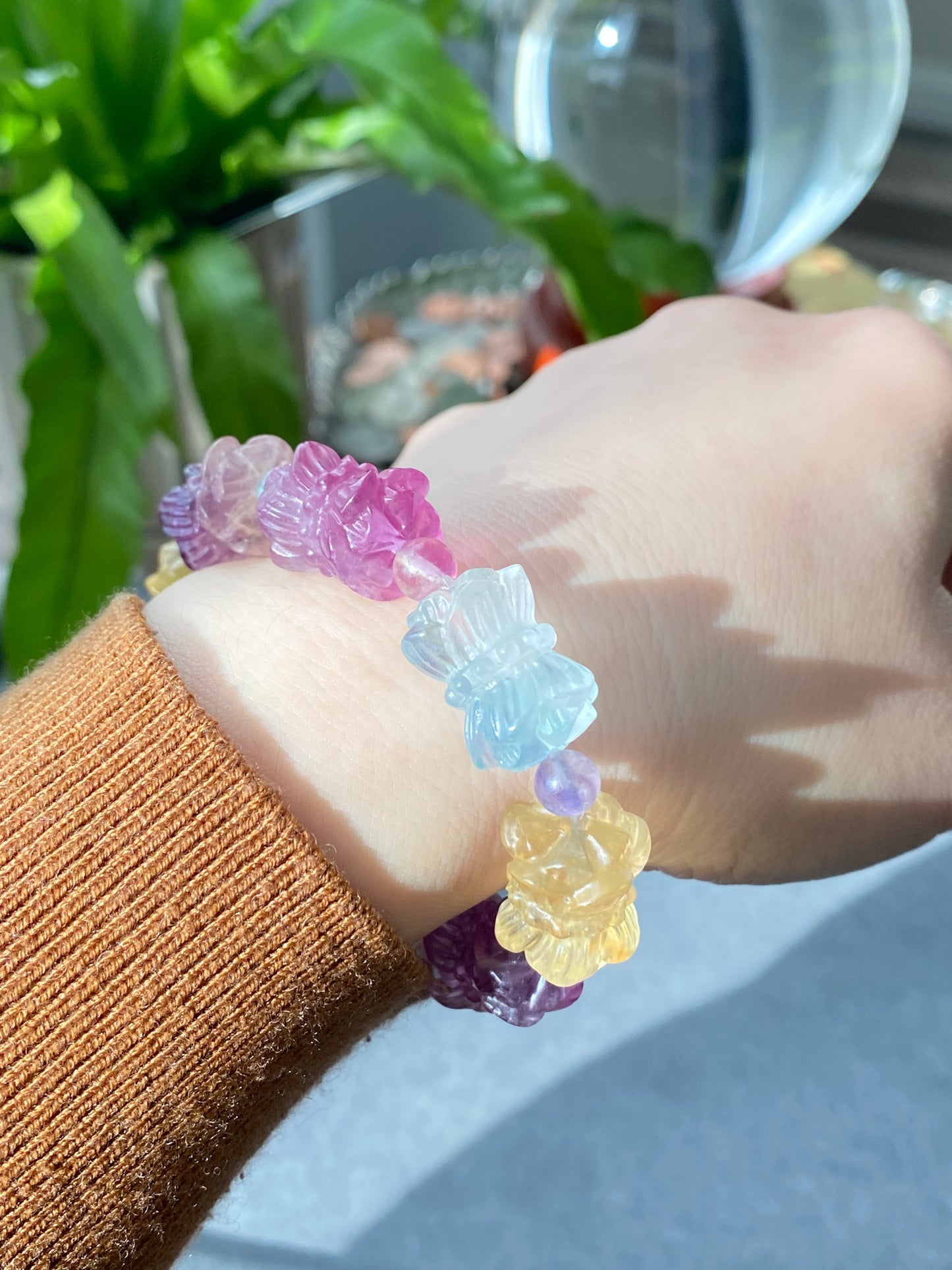 Natural Unicorn FLuorite Hand Craved  twin lotus flowers on one stalk,devoted married couple Beaded Bracelet, gift for her,Valentine's Day Gift