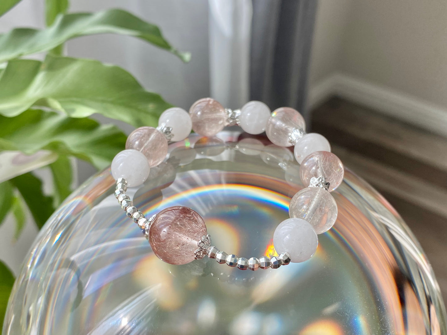 Rare High Grade Natural White Pink Rabbit hair Rutilated Quartz Crystal Designing Bead Bracelet, gift for her, gift idea