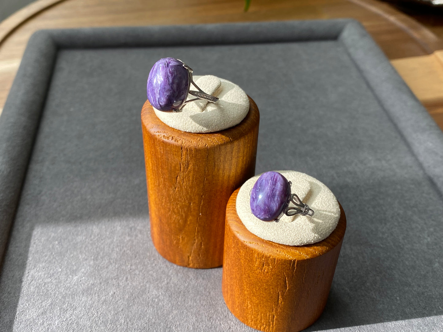 AAAAA Genuine Natural High Grade Silk Shin Purple Charoite,Cat Eyes Oval Shape sterling silver Adjustable Ring