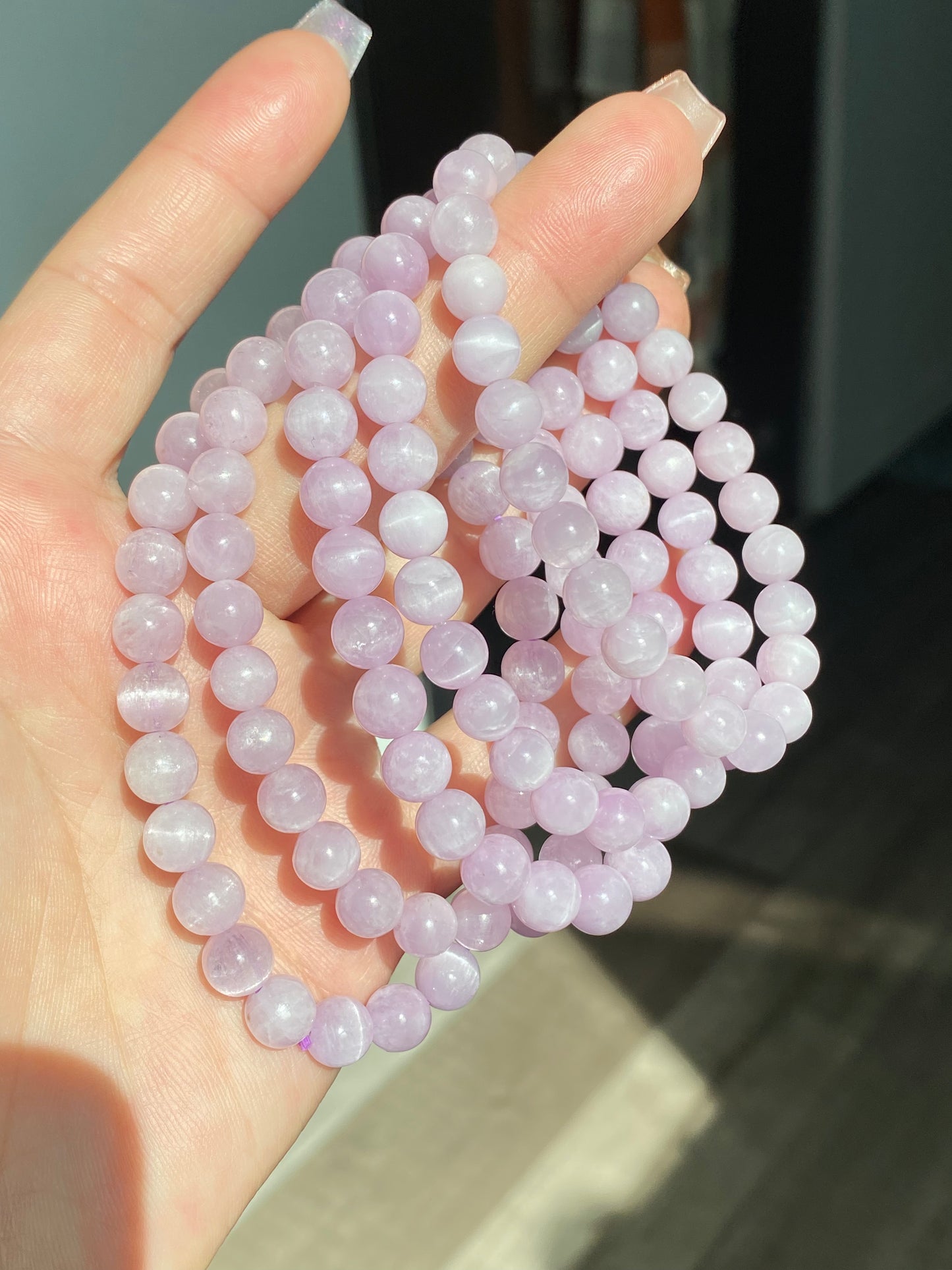 AAAA grade Lavender Lithium kunzite stone Quartz Purple Crystal Smooth Round cat eye fire Beads bracelet，handmade bracelet 7mm