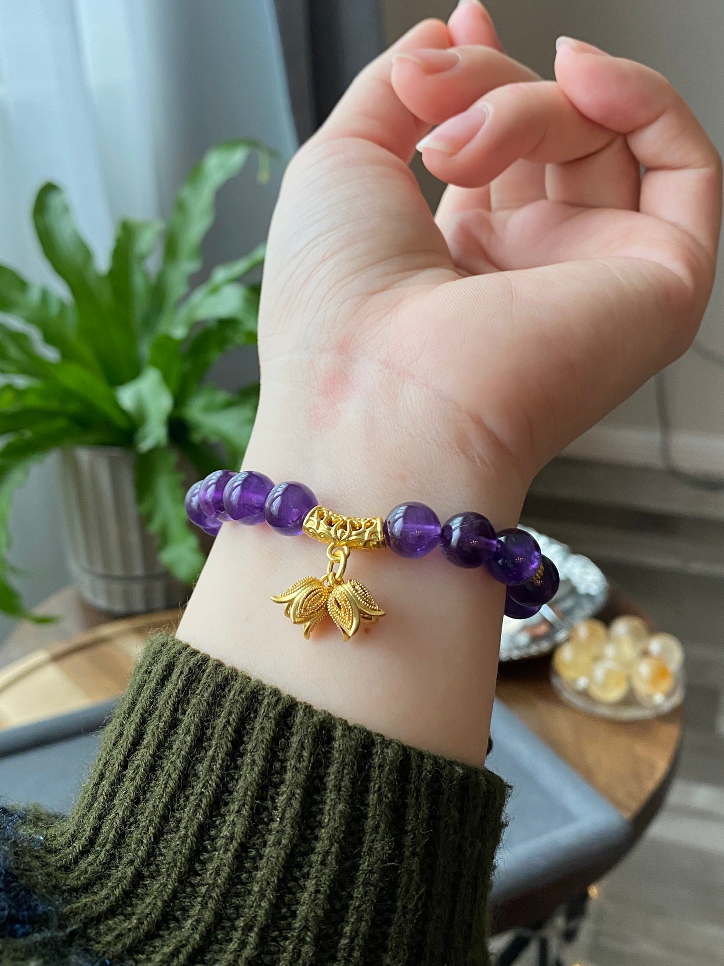 Natural Amethyst design with  Lily of the Valley handmade bracelet,custom bracelet，gift for her