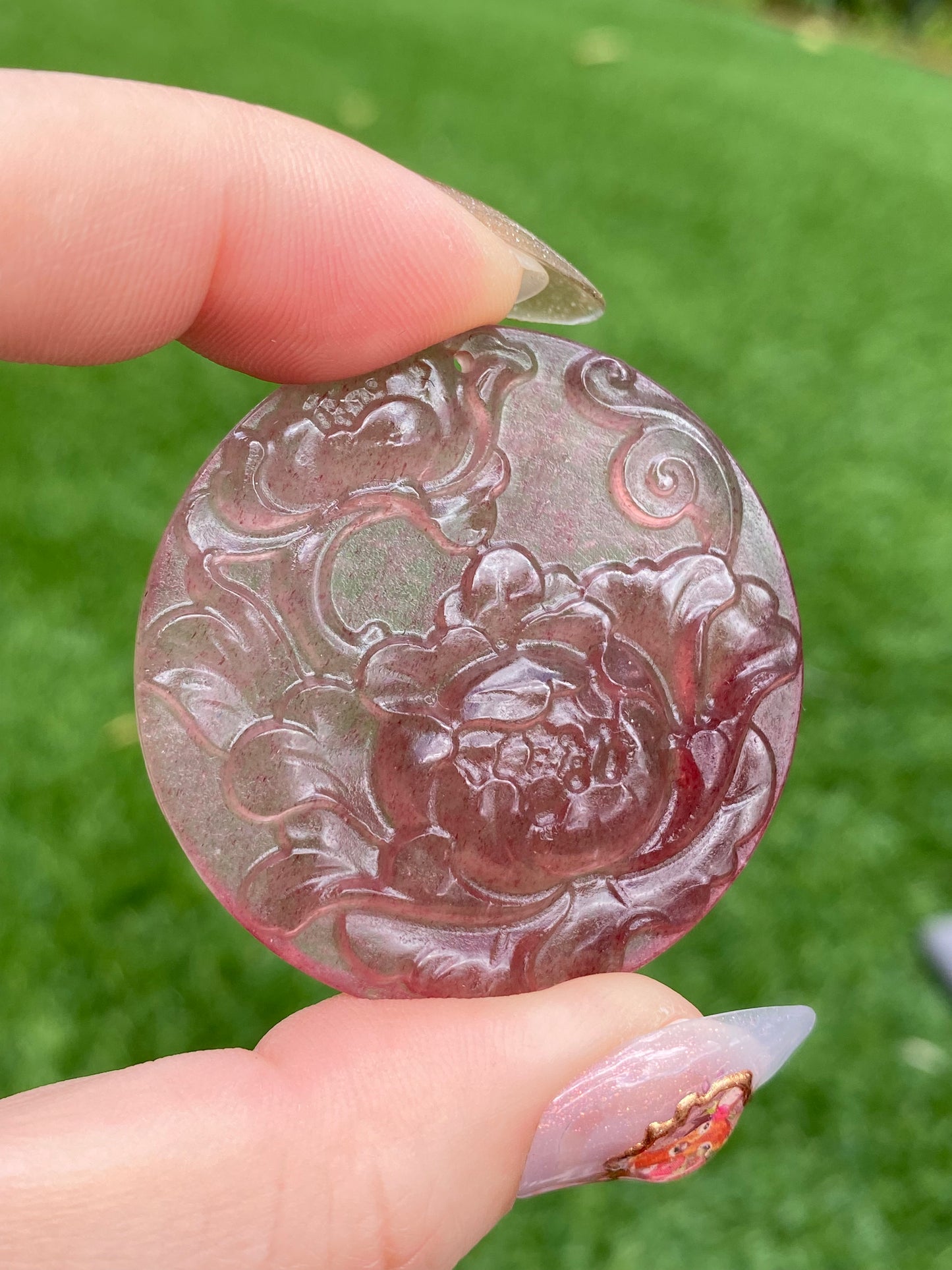 Natural Strawberry Quartz Hand Carved Hibiscus Peony Flower Pendant,gift for her,gift for mother