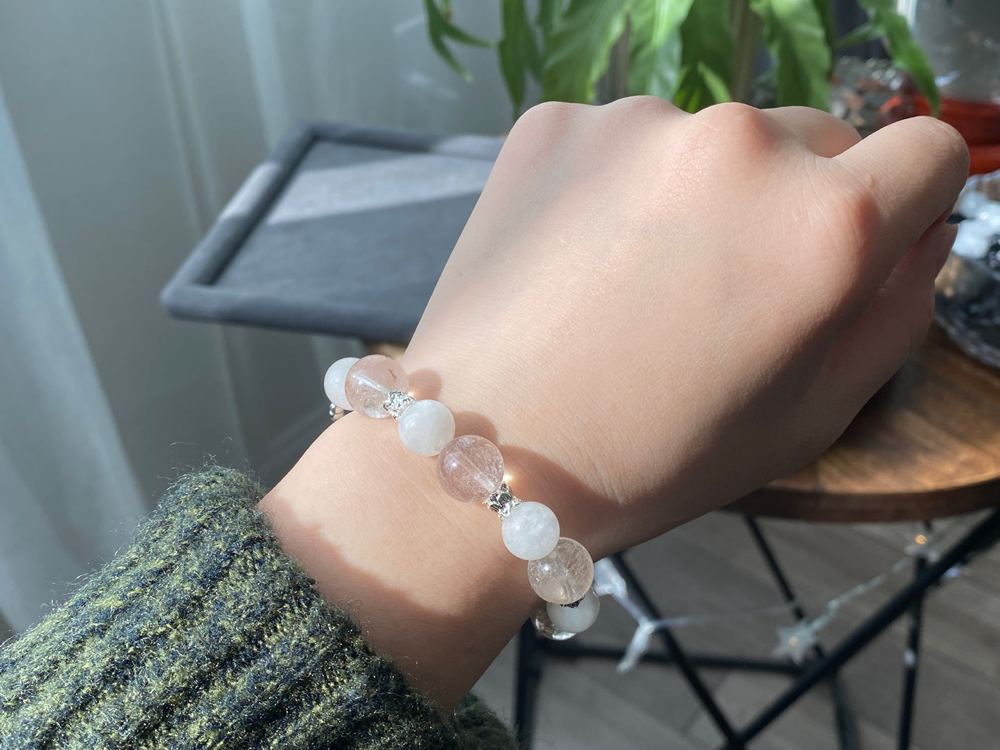 Rare High Grade Natural White Pink Rabbit hair Rutilated Quartz Crystal Designing Bead Bracelet, gift for her, gift idea