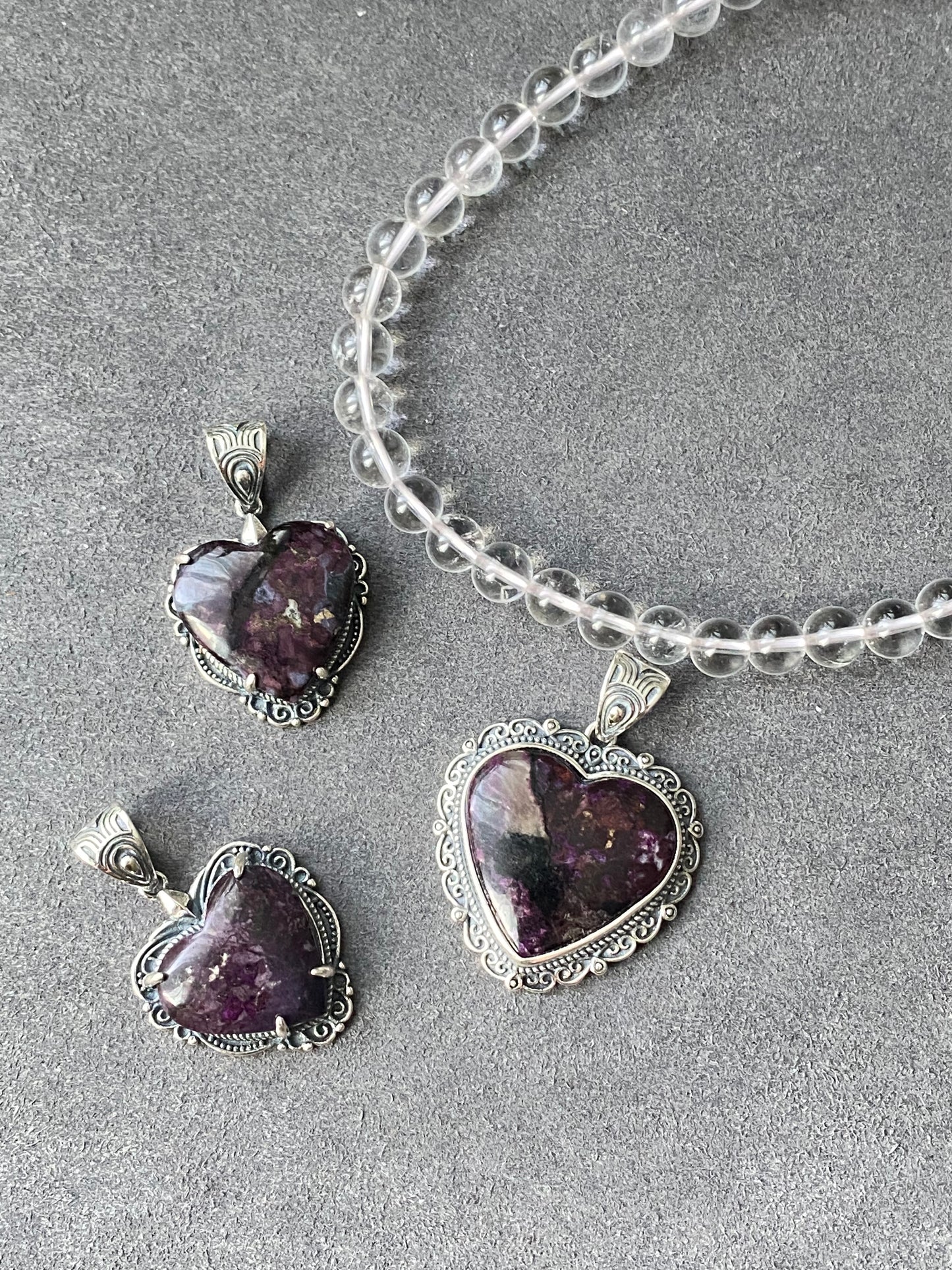 Natural High Rare Grade Purple Pink Sugilite Heart Shape  Mid-century Sterling Silver Pendant