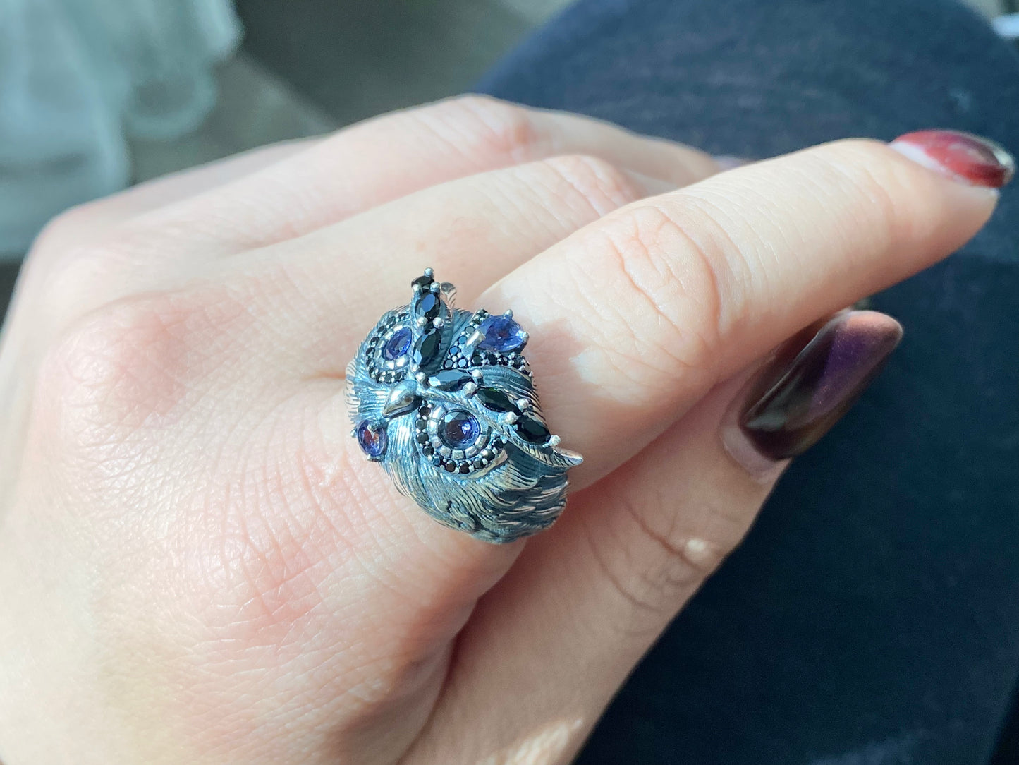 Hand made Natural Tanzanite and Black Spinel Sterling silver Owl big Ring adjustable size