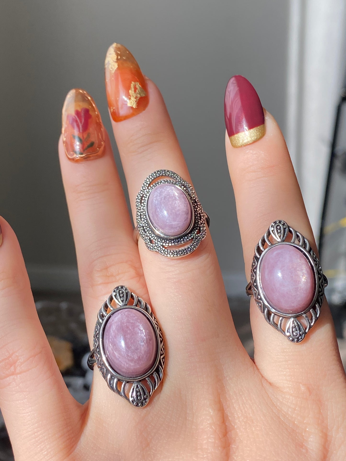 Natural Purple Lepidolite Vintage style Oval shape Adjustable Ring