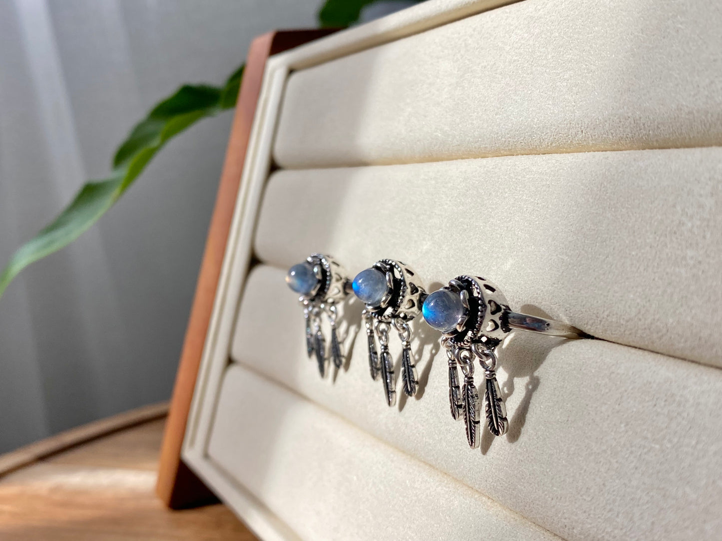 Vintage style Natural moonstone Blue Labradorite  Dreamcatcher Necklace and Ring set