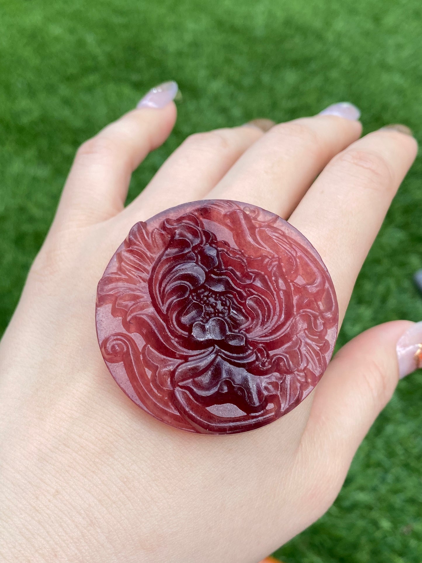 Natural Strawberry Quartz Hand Carved Hibiscus Peony Flower Pendant,gift for her,gift for mother