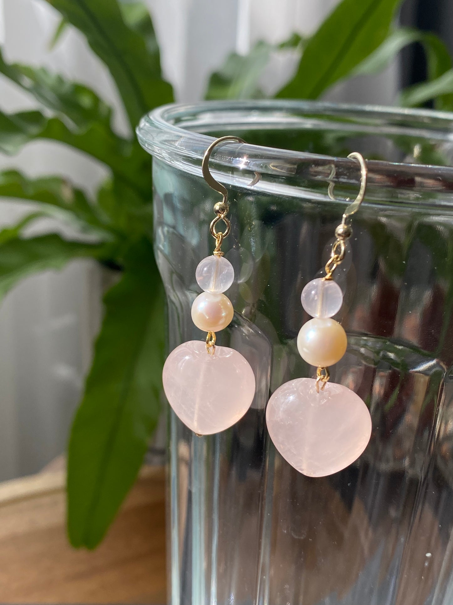Natural AAA high quality Rose quartz cuty puffy heart shape drop dangle earring,Handmade Earring,Made in California