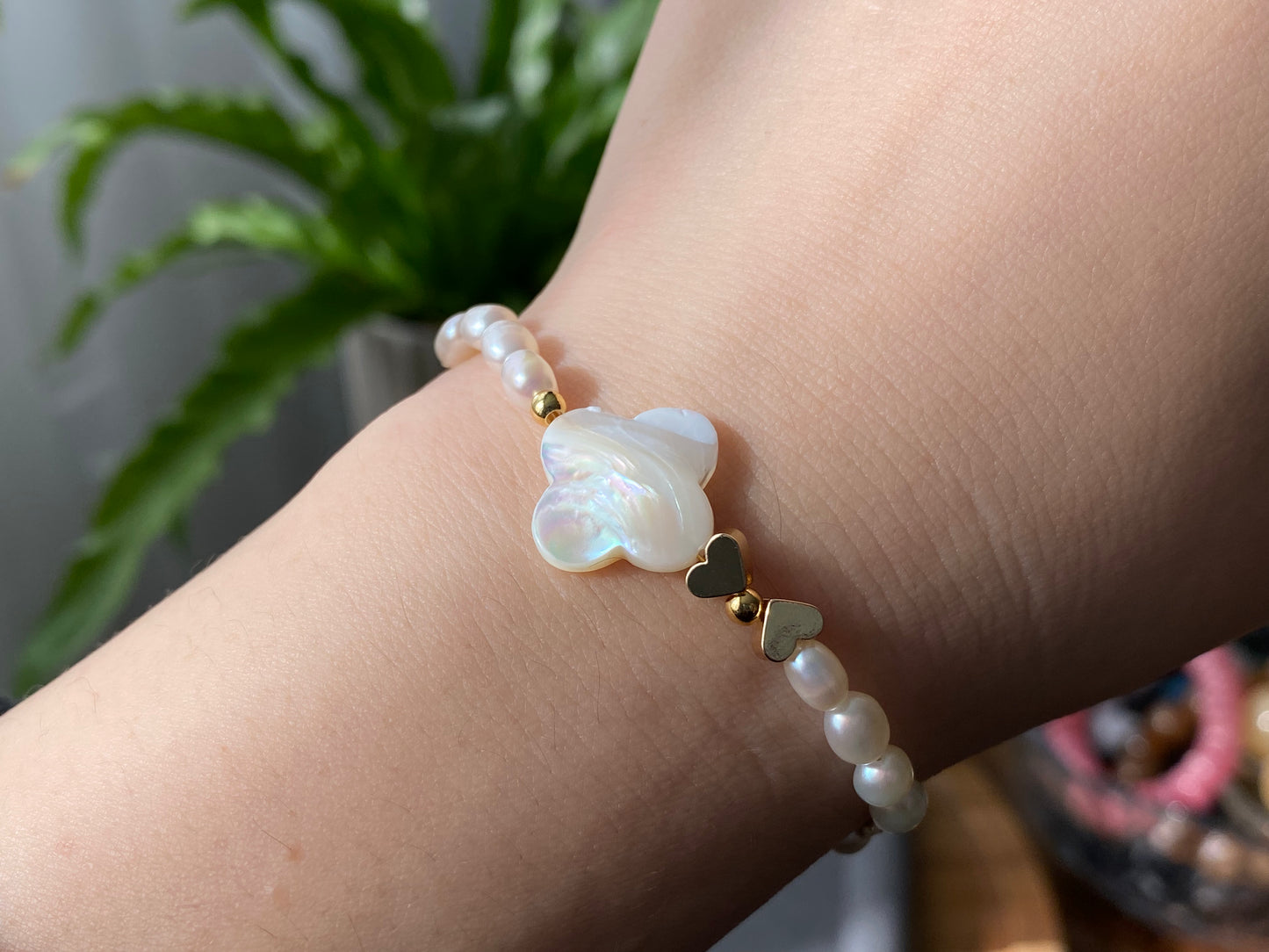 Natural Fresh water baroque Pearls with four leaf clover Mother of pearls 14K gold slide open Bracelet