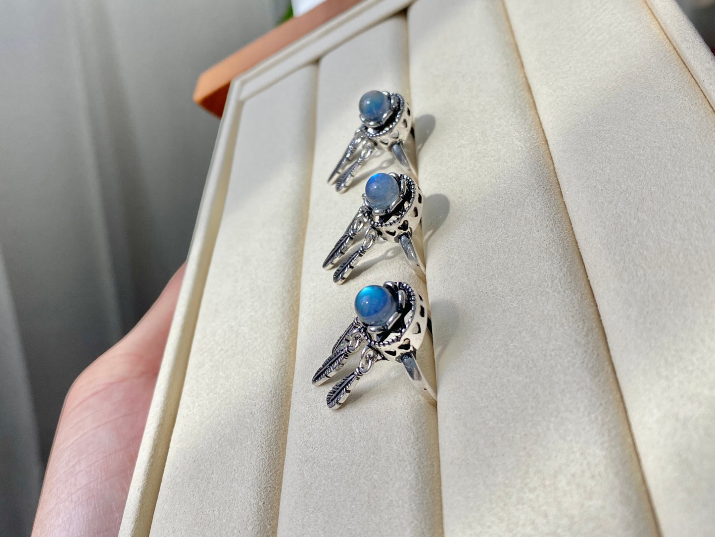 Vintage style Natural moonstone Blue Labradorite  Dreamcatcher Necklace and Ring set